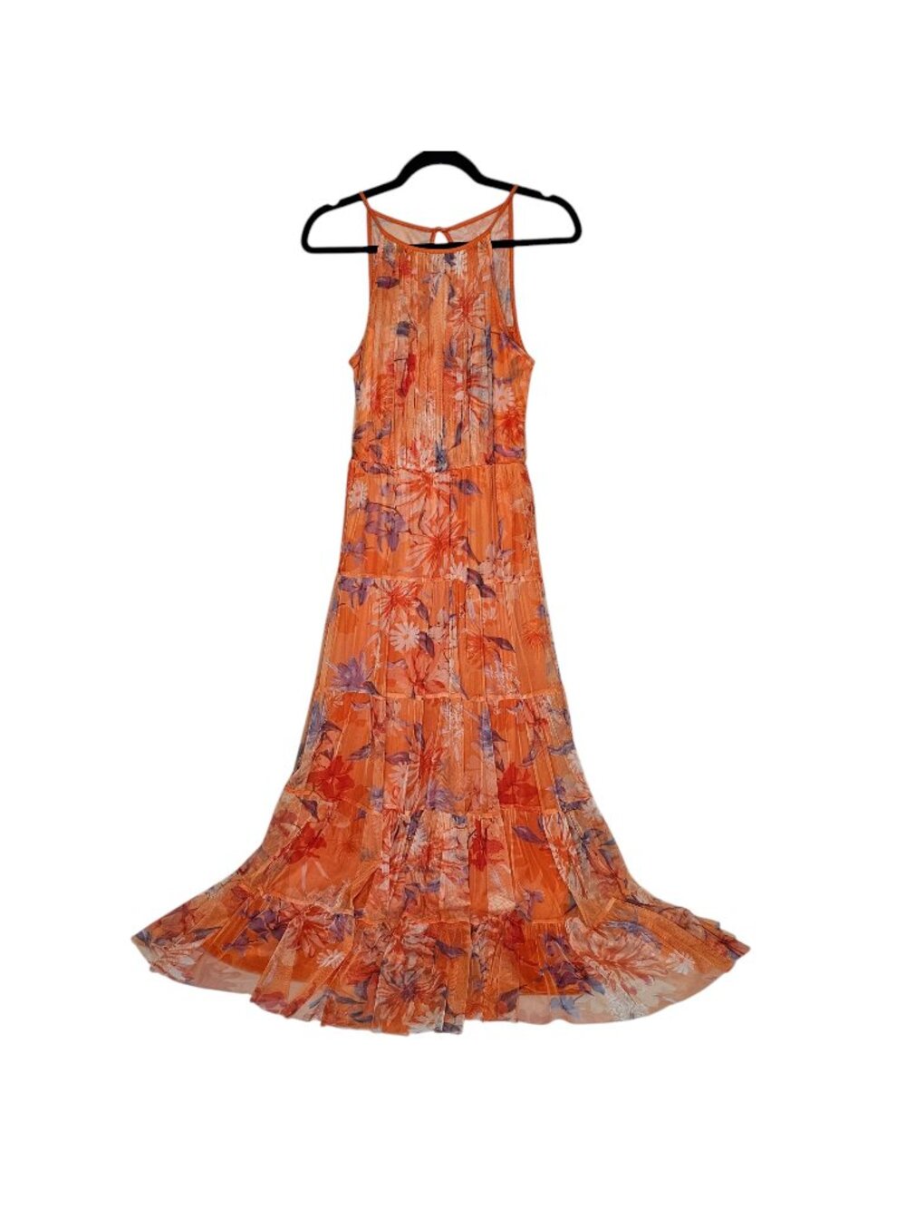Candalite S Orange Floral Mesh Tiered Maxi Dress High Neck Boho Festival Resort
